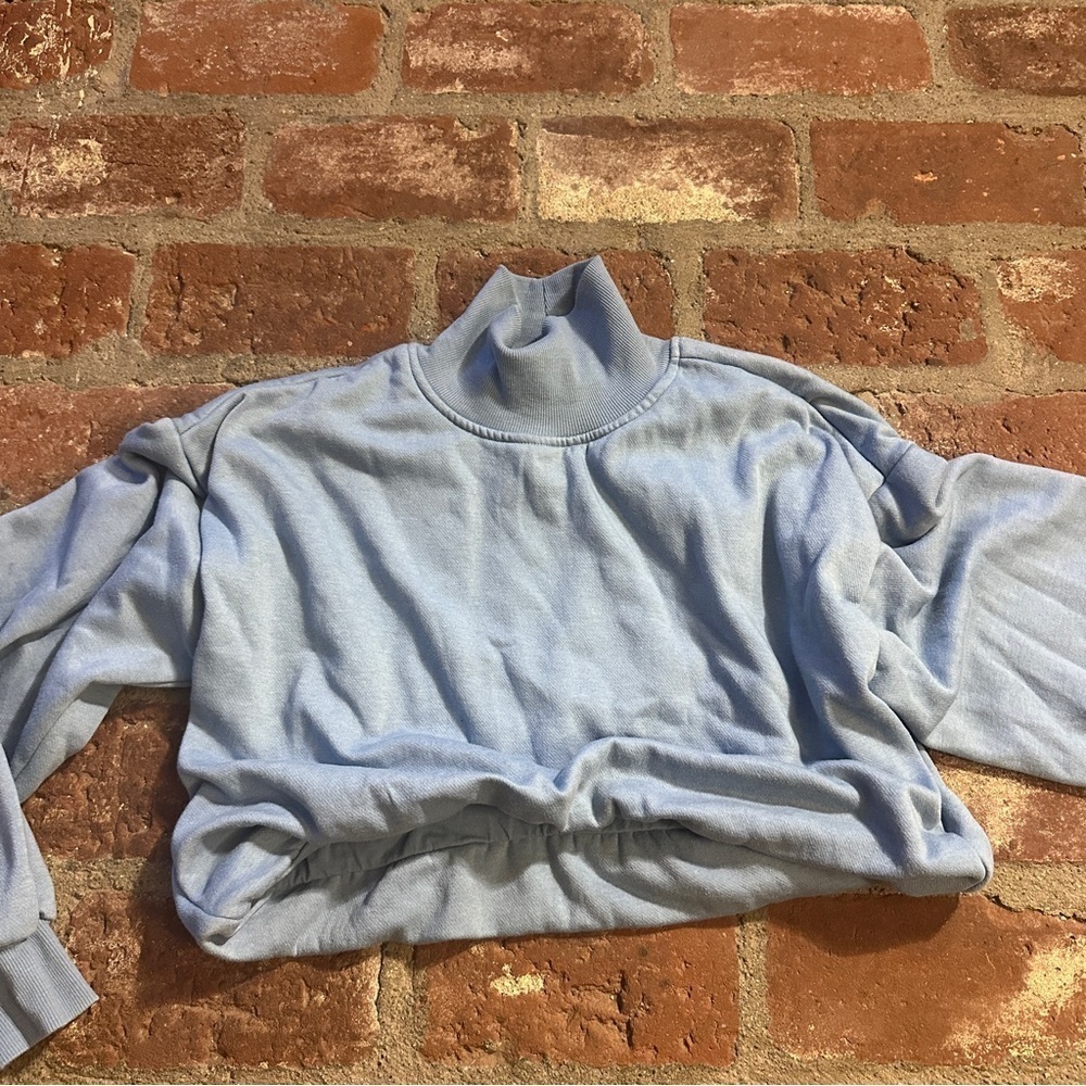 Anthropologie Pilcro S Blue Funnel-Neck Bubble-Hem Cropped Mock Neck Sweatshirt - Picture 9 of 14